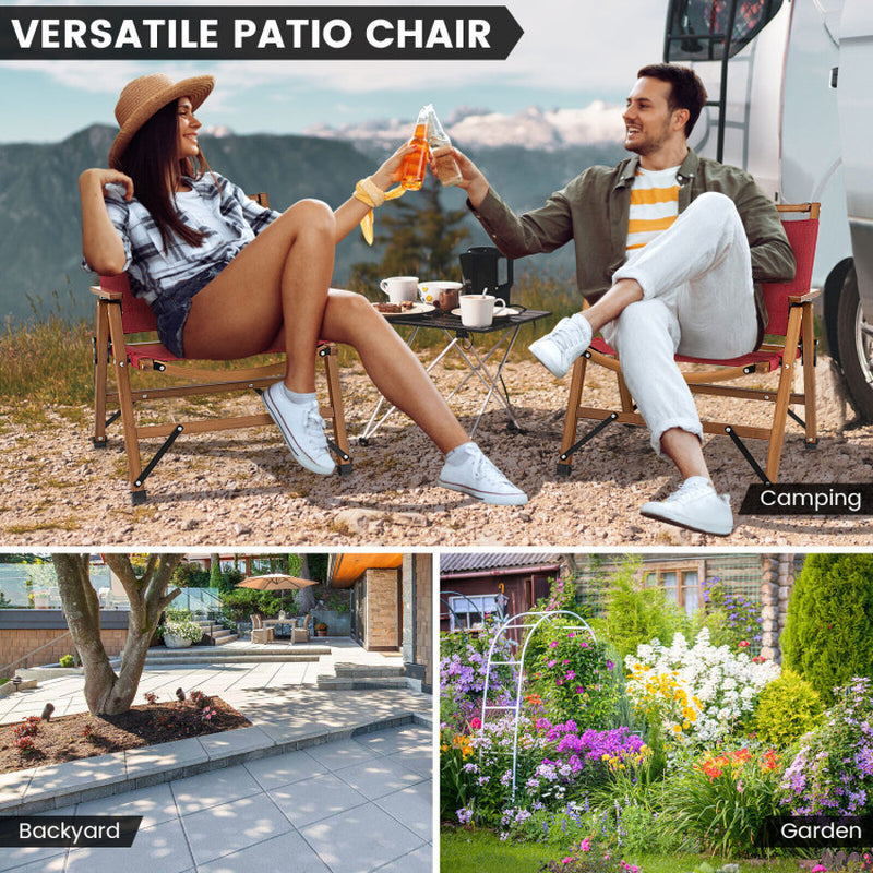 Professional title: 
```Red Patio Folding Chair with Sturdy Bamboo Frame for Camping and Beach Use```