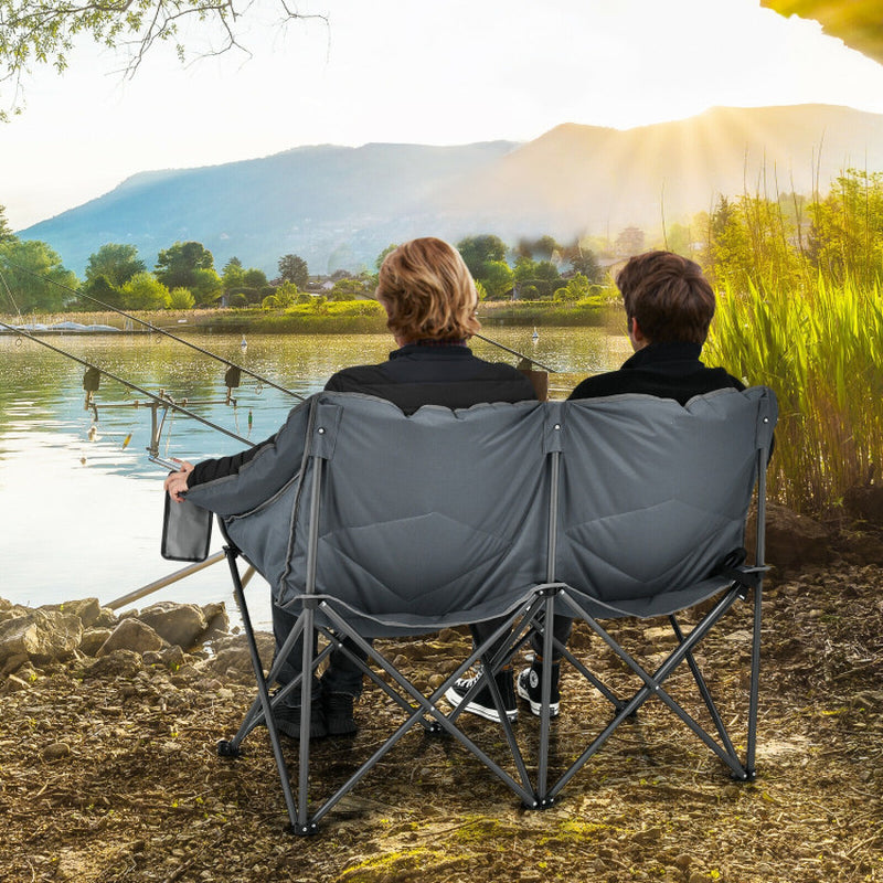 Professional title: "Gray Folding Camping Chair with Storage Bags and Padded Backrest"