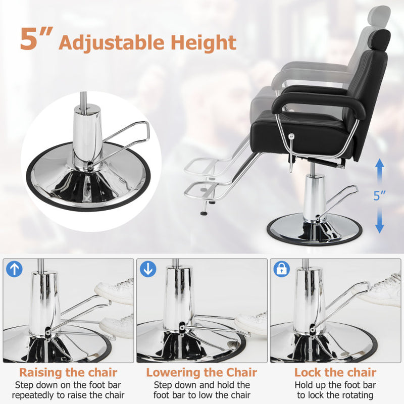 Professional title: "Black Salon Hydraulic Barber Chair with 360-Degree Swivel, Adjustable Headrest, and Reclining Backrest"