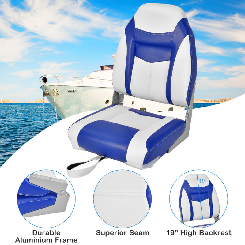 Professional title: "High Back Folding Boat Seats with Blue and White Sponge Cushion, Flexible Hinges - Blue"