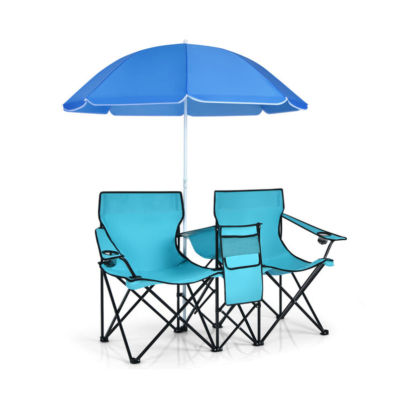 Professional title: "Gray Portable Folding Picinic Double Chair with Umbrella"