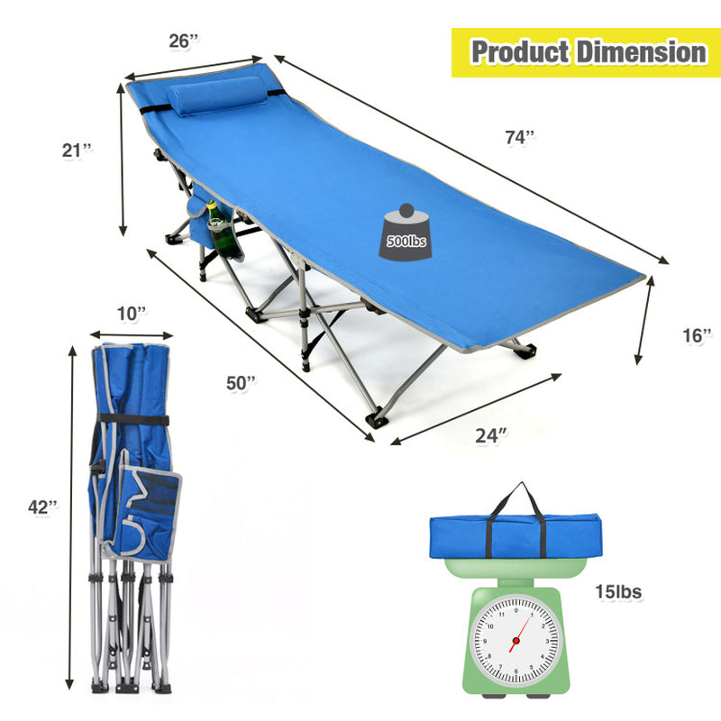 Professional title: ```Green Folding Camping Cot with Side Storage Pocket and Detachable Headrest```