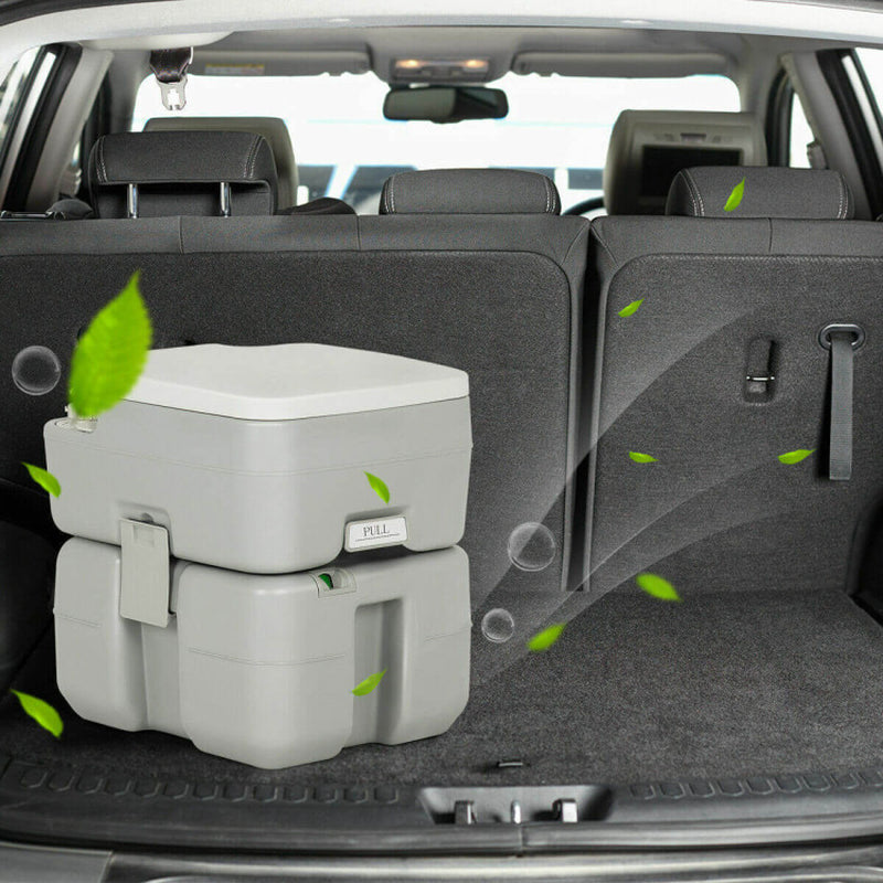 Professional title: "5.3 Gallon Portable Travel Toilet with Piston Pump Flush System"