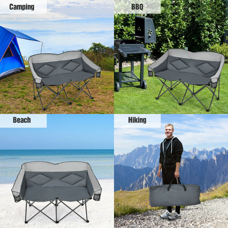 Professional title: "Gray Folding Camping Chair with Storage Bags and Padded Backrest"