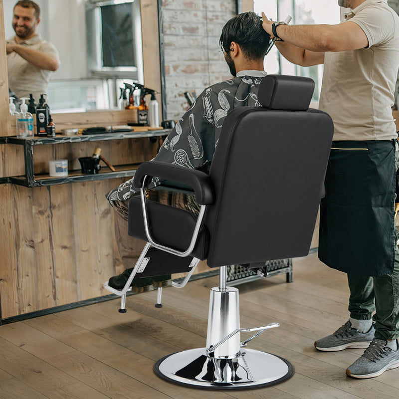 Professional title: "Black Salon Hydraulic Barber Chair with 360-Degree Swivel, Adjustable Headrest, and Reclining Backrest"