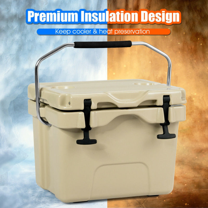 Professional title: "Portable Insulated Ice Cooler with 16 Quart Capacity, 24-Can Storage, and 2 Cup Holders in Khaki"