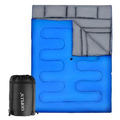 Professional title: "Two-Person Waterproof Sleeping Bag Set with Two Pillows in Blue"