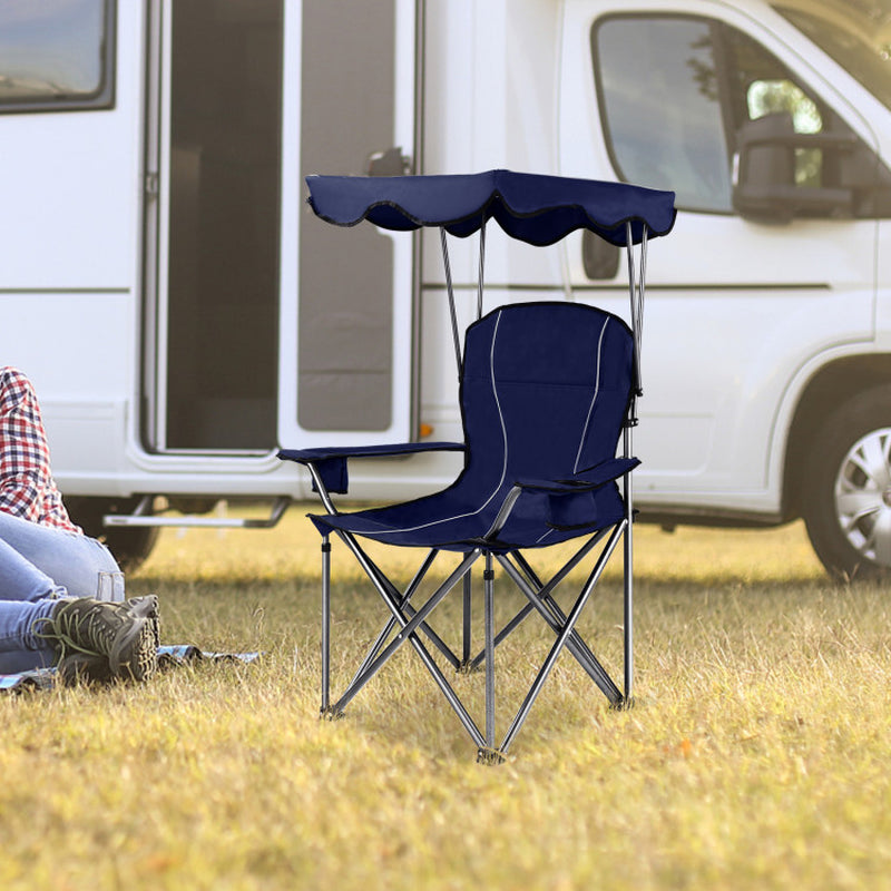 Professional title: ```Blue Portable Folding Beach Chair with Canopy and Cup Holders```