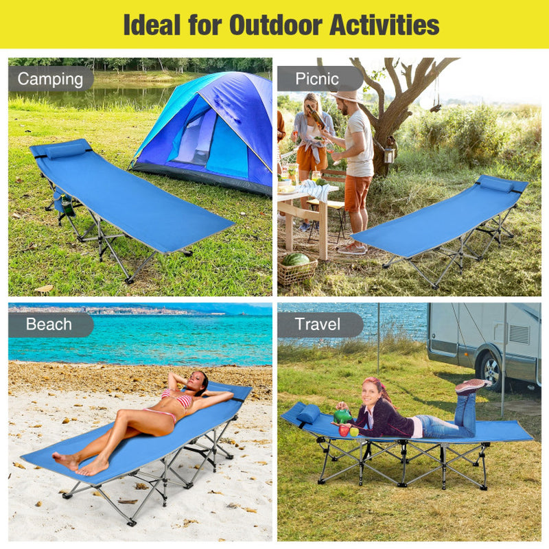 Professional title: ```Green Folding Camping Cot with Side Storage Pocket and Detachable Headrest```