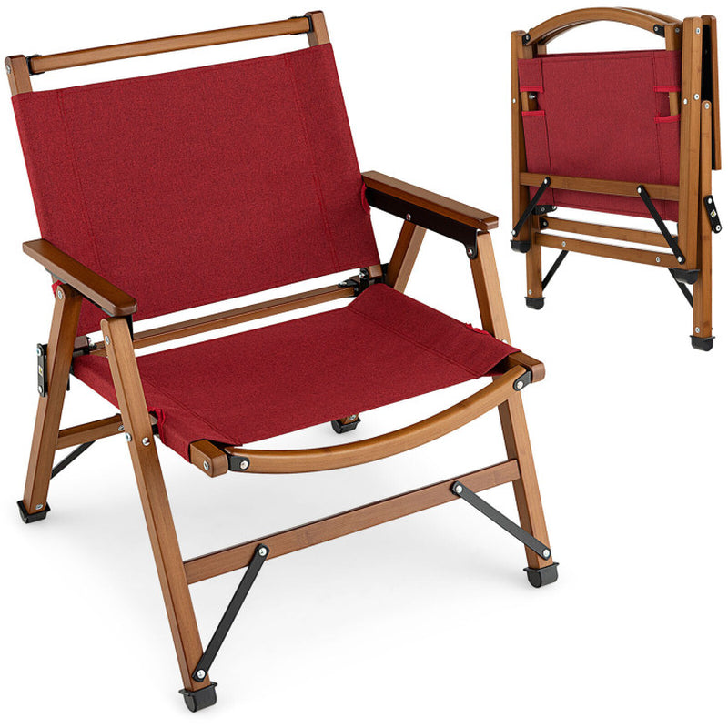 Professional title: 
```Red Patio Folding Chair with Sturdy Bamboo Frame for Camping and Beach Use```