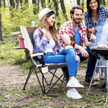 Professional title: ```Portable Camping Chair with Armrest, Cup Holder, and Lumbar Support Pillow```