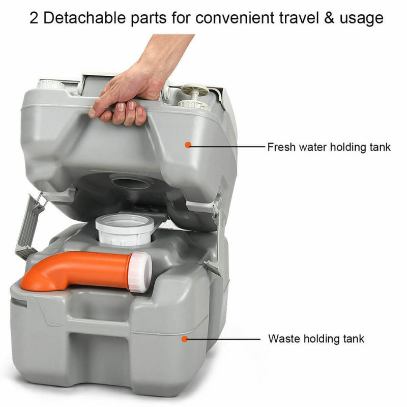 Professional title: "5.3 Gallon Portable Travel Toilet with Piston Pump Flush System"