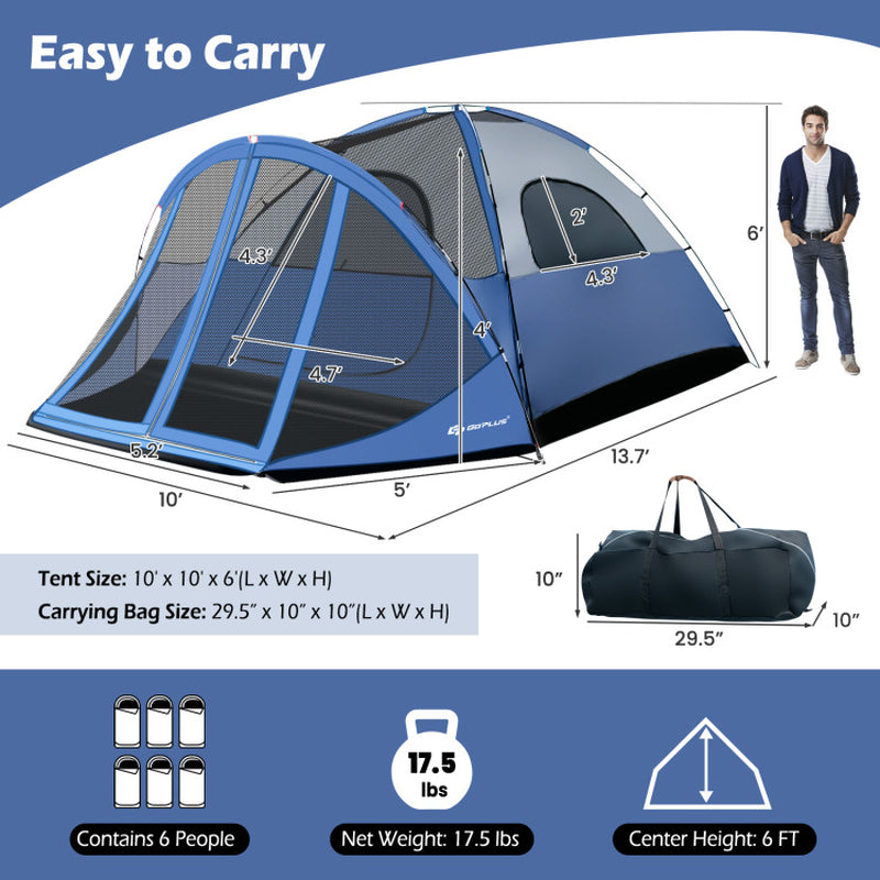 Professional title: "Spacious 6-Person Camping Dome Tent with Screen Room Porch and Detachable Rainfly"