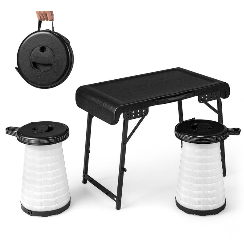 Professional title: "3-Piece Folding Camping Table and Stool Set with 2 Retractable LED Stools in Black Color"