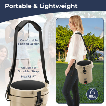 Professional title: "10 Quart Insulated Ice Chest Drink Cooler with Spigot, Flat Seat Lid, and Adjustable Strap in Beige"