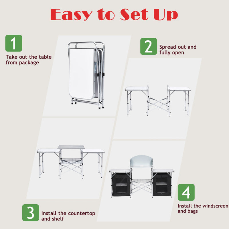 Professional title: ```Gray Folding Camping Table with Integrated Storage Organizer```