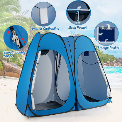 Professional title: ```Large Portable Shower Tent with Window, Floor, and Storage Pocket in Blue```