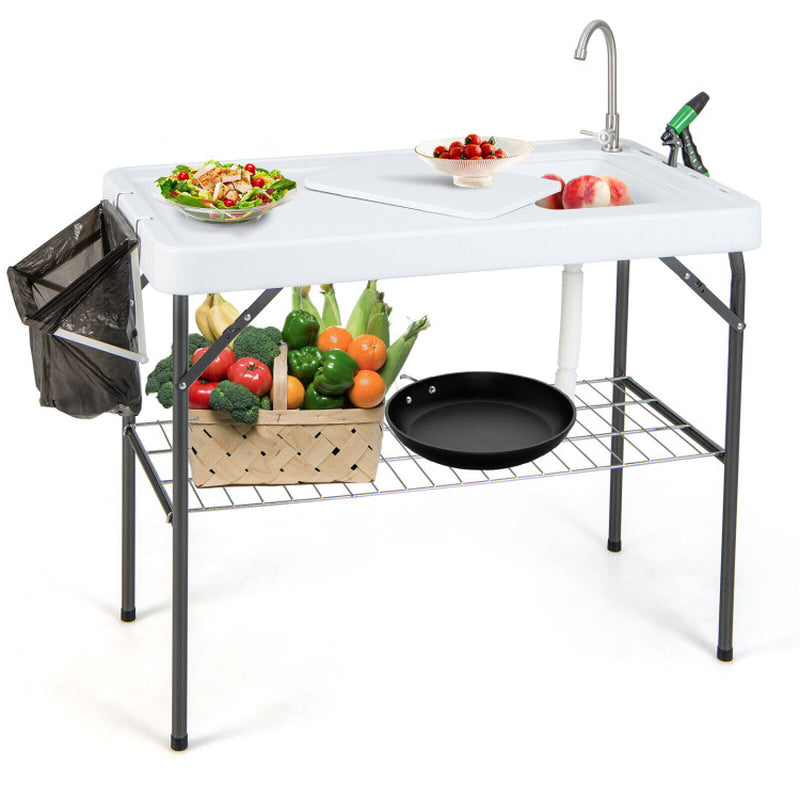 Professional title: "Portable Camping Fish Cleaning Table with Grid Rack and Faucet System"