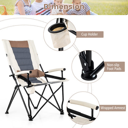 Professional title: ```Portable Camping Chair with Armrest, Cup Holder, and Lumbar Support Pillow```