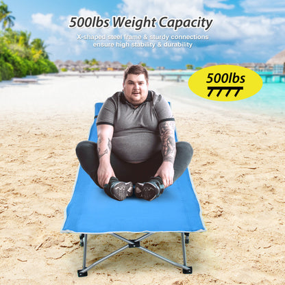 Professional title: ```Green Folding Camping Cot with Side Storage Pocket and Detachable Headrest```