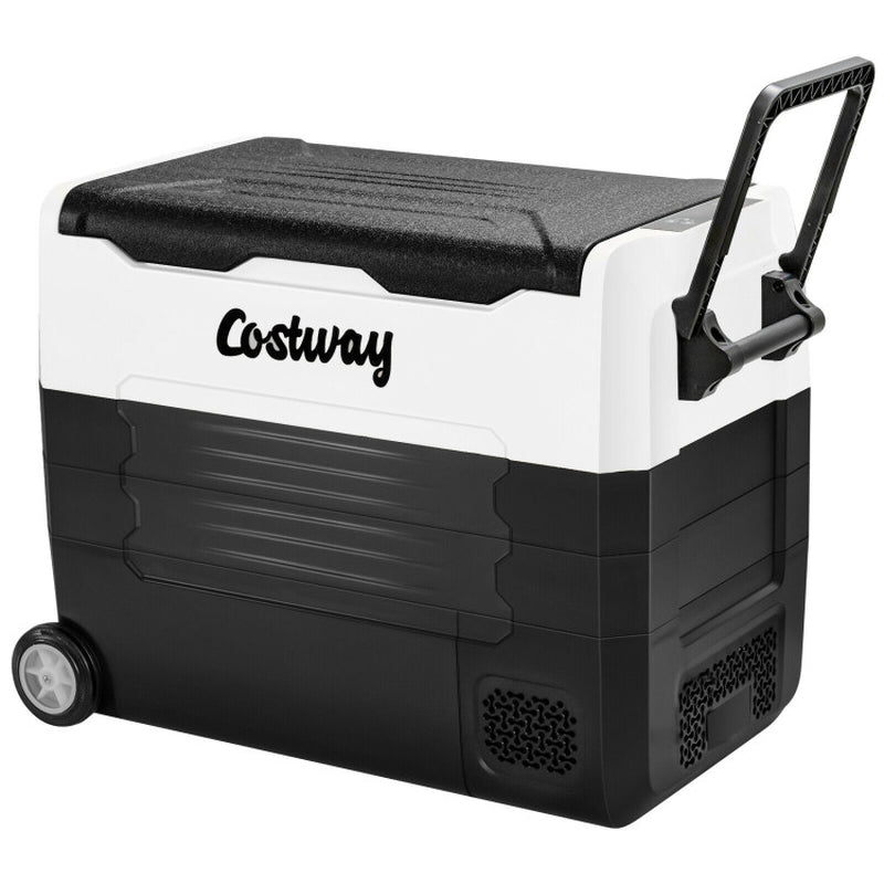 Professional title: "Portable Dual Zone Car Refrigerator with Wheels - 58 Quarts, Black"