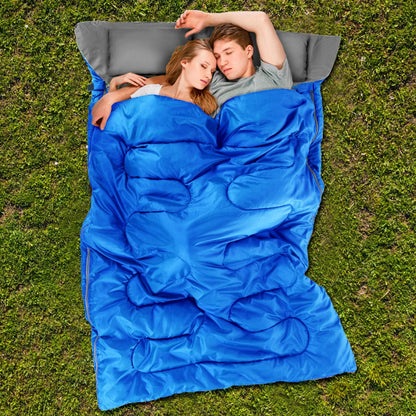 Professional title: "Two-Person Waterproof Sleeping Bag Set with Two Pillows in Blue"