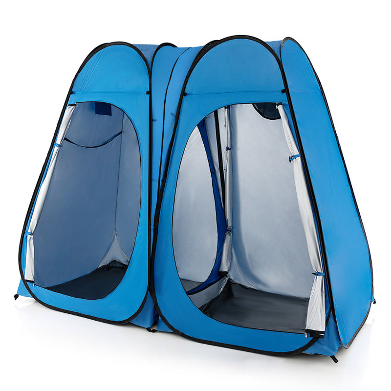 Professional title: ```Large Portable Shower Tent with Window, Floor, and Storage Pocket in Blue```