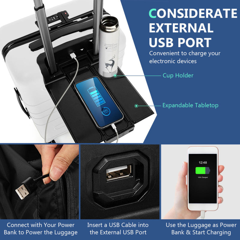 Professional title: "20-Inch PC Hardside Carry-On Luggage with TSA Lock, Front Pocket, and USB Port in Black"