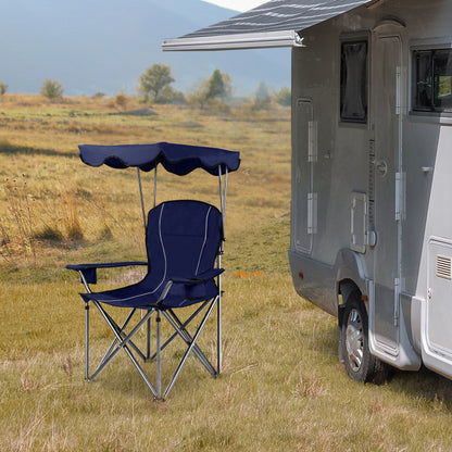 Professional title: ```Blue Portable Folding Beach Chair with Canopy and Cup Holders```