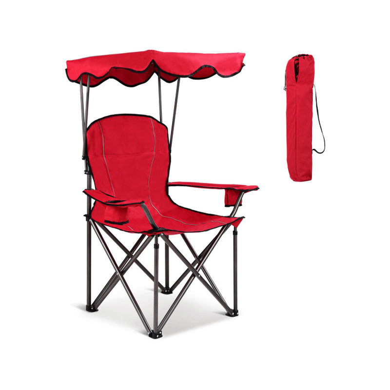 Professional title: ```Blue Portable Folding Beach Chair with Canopy and Cup Holders```