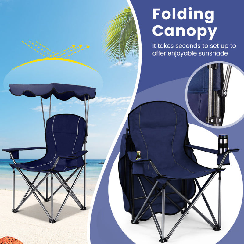 Professional title: ```Blue Portable Folding Beach Chair with Canopy and Cup Holders```