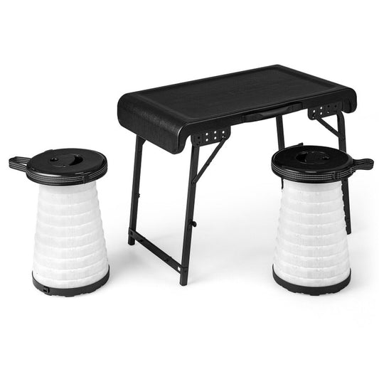 Professional title: "3-Piece Folding Camping Table and Stool Set with 2 Retractable LED Stools in Black Color"