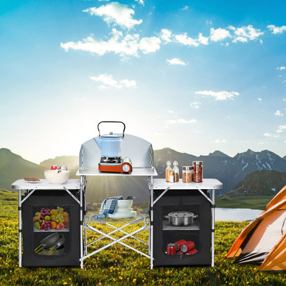 Professional title: ```Gray Folding Camping Table with Integrated Storage Organizer```