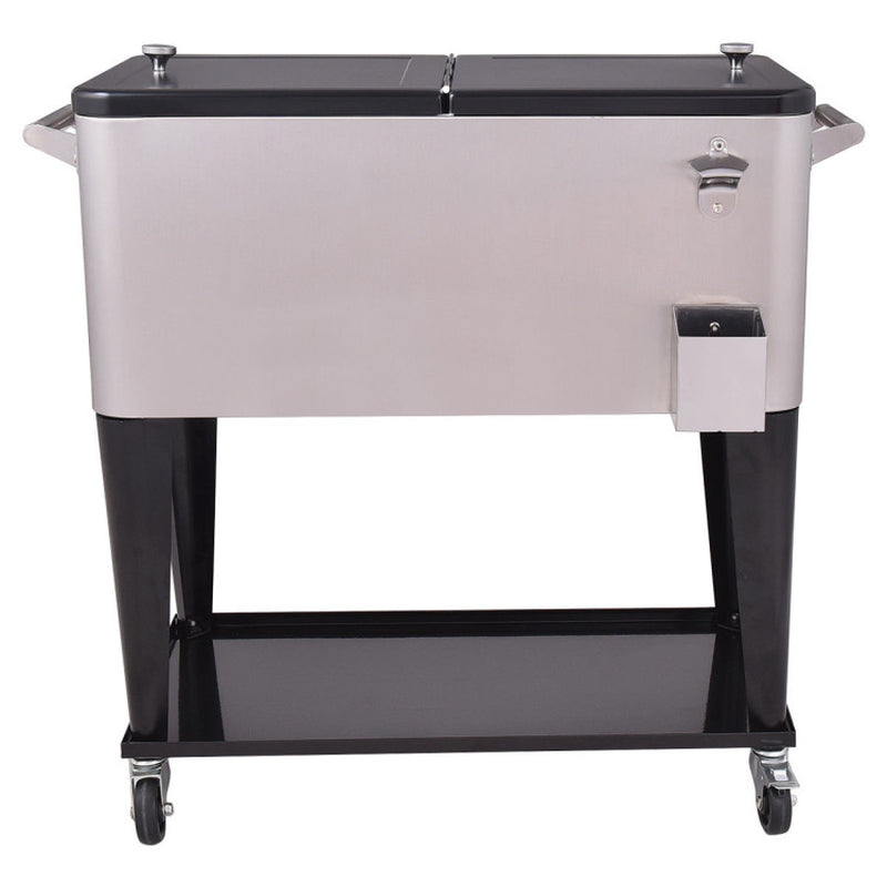 Professional title: "80 Quart Stainless Steel Rolling Patio Beverage Cooler"