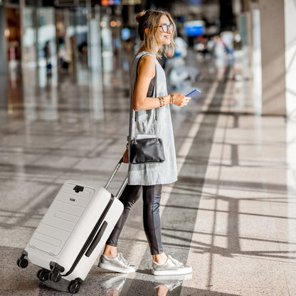 Professional title: "20-Inch PC Hardside Carry-On Luggage with TSA Lock, Front Pocket, and USB Port in Black"