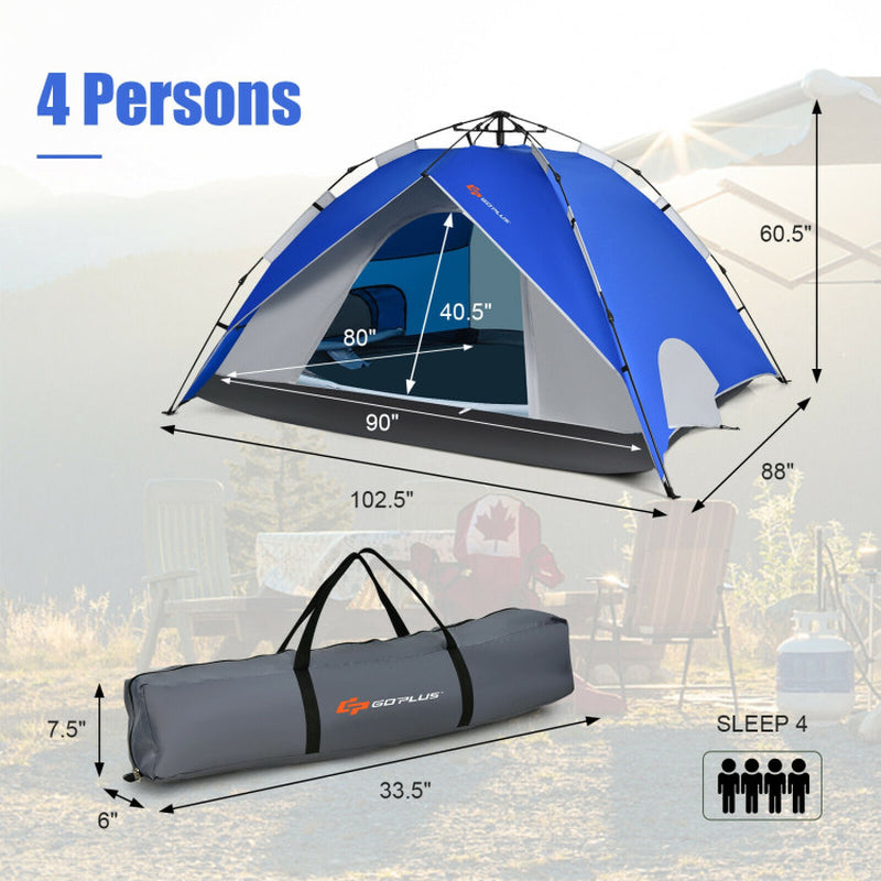 Professional title: "Blue 2-In-1 Instant Pop-Up Waterproof Camping Tent for 4 People"