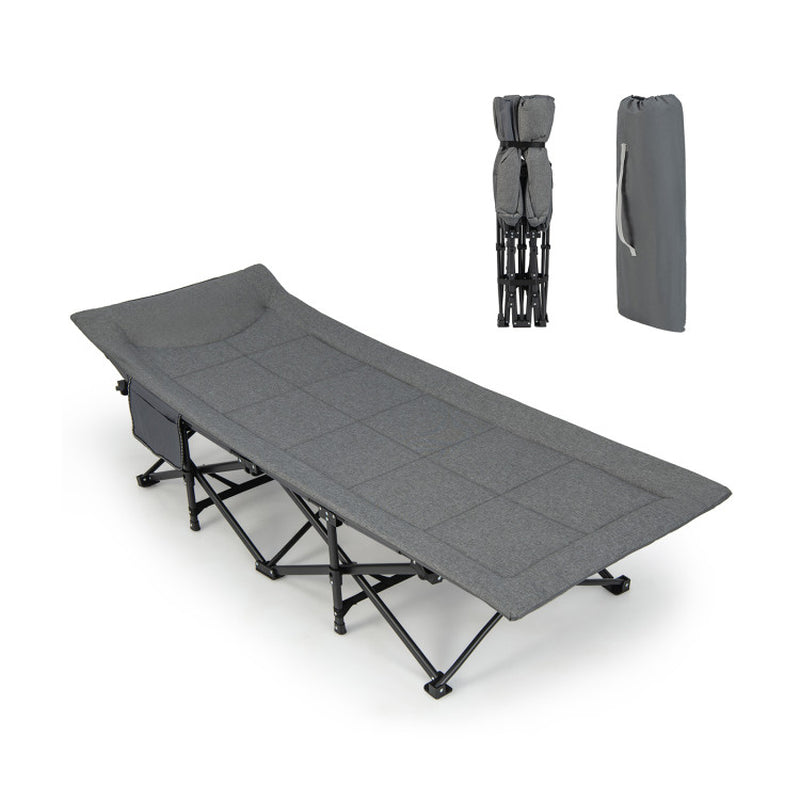 Professional title: "Portable Camping Cot with Carry Bag, Cushion, and Headrest in Gray"