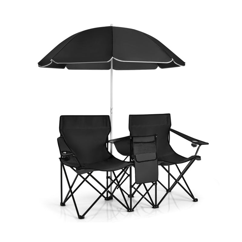 Professional title: "Gray Portable Folding Picinic Double Chair with Umbrella"