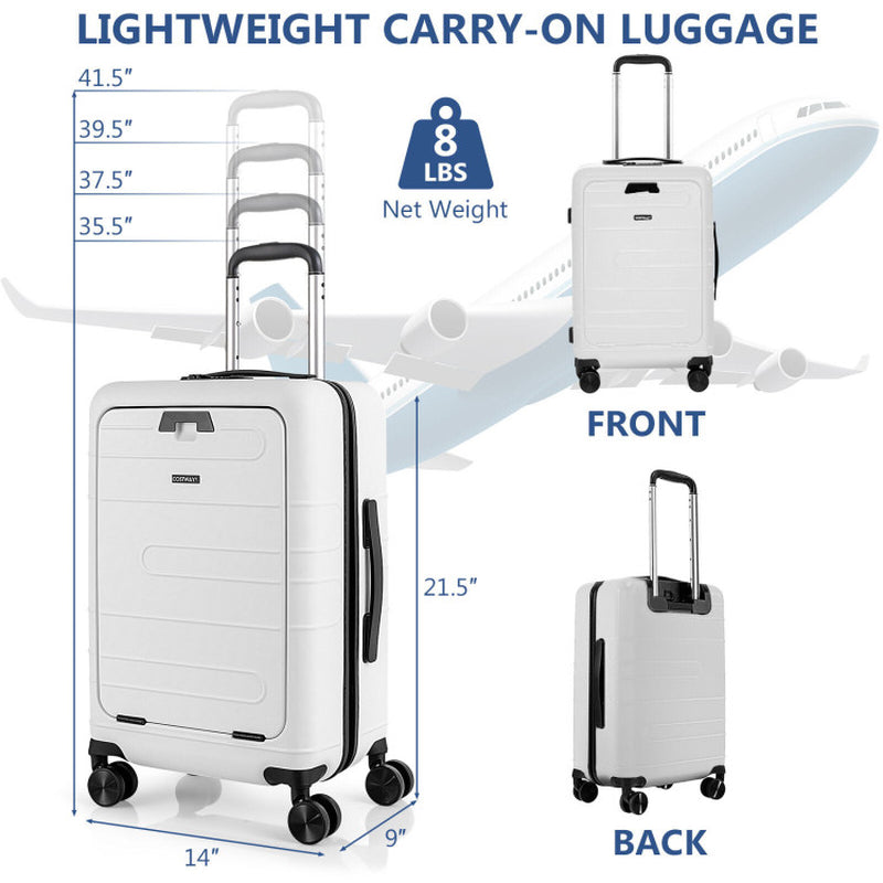 Professional title: "20-Inch PC Hardside Carry-On Luggage with TSA Lock, Front Pocket, and USB Port in Black"