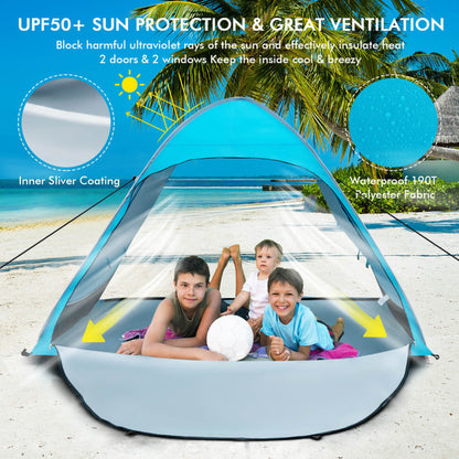 Professional title: "Blue Automatic Pop-Up Beach Tent with Carrying Bag"