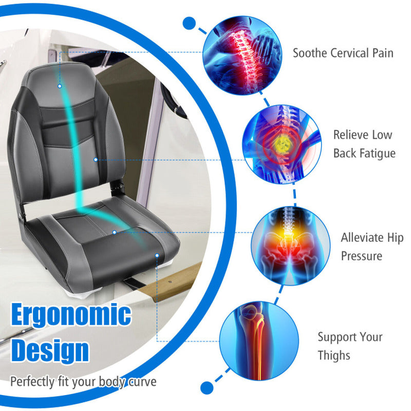 Professional title: "Single High Back Folding Boat Seat with Black Grey Sponge Cushion and Flexible Hinges"