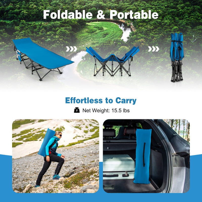 Professional title: "Portable Folding Camping Cot in Blue with Carry Bag"