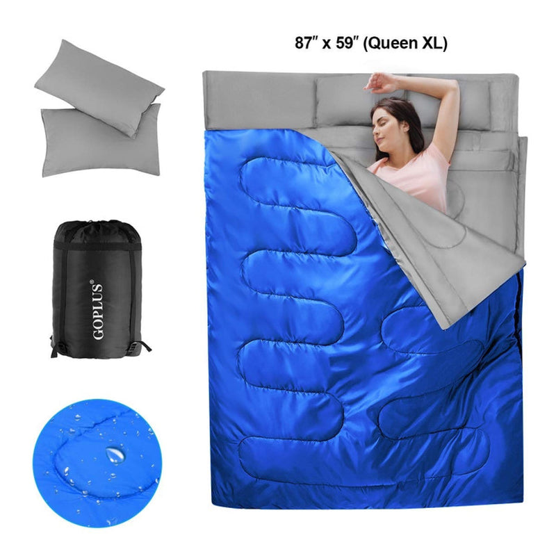 Professional title: "Two-Person Waterproof Sleeping Bag Set with Two Pillows in Blue"