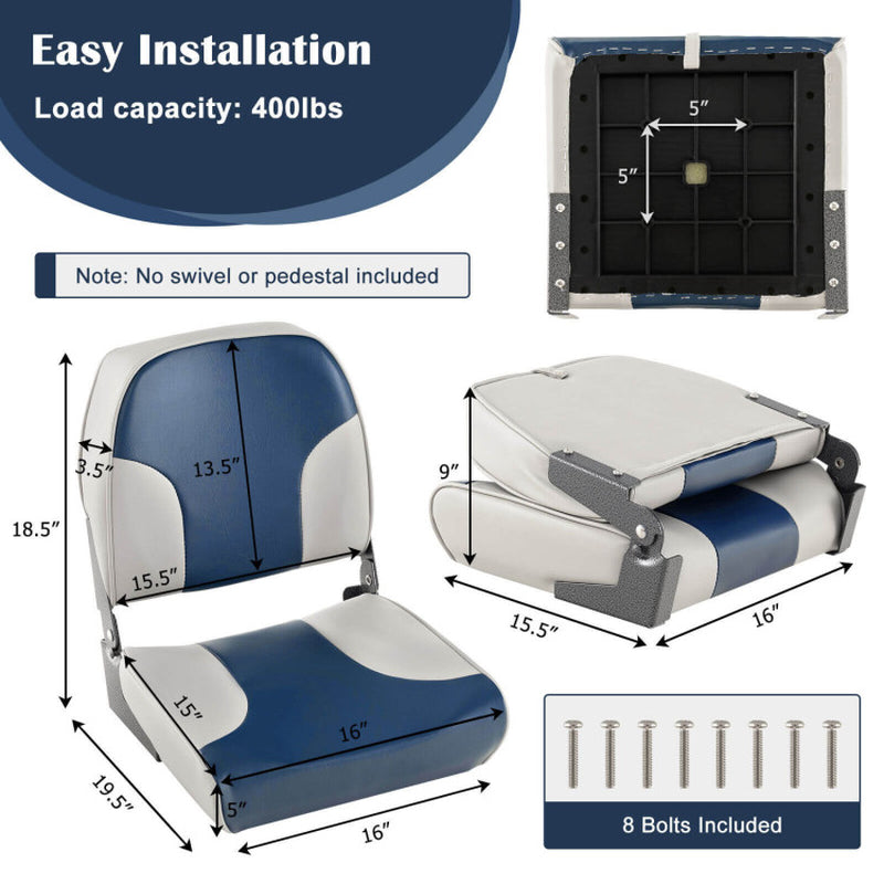 Professional title: "Set of 2 Low Back Boat Seats with Sponge Padding, Aluminum Hinges - Blue"