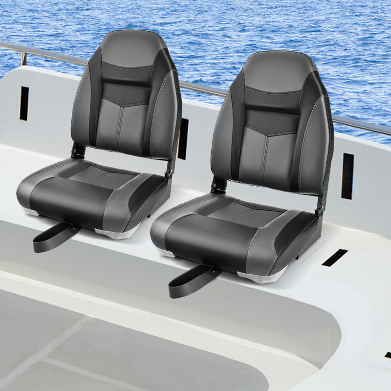 Professional title: "Single High Back Folding Boat Seat with Black Grey Sponge Cushion and Flexible Hinges"