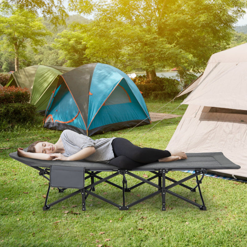 Professional title: "Portable Folding Camping Cot with Carry Bag, Cushion, and Headrest in Khaki"