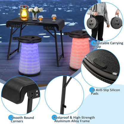 Professional title: "3-Piece Folding Camping Table and Stool Set with 2 Retractable LED Stools in Black Color"