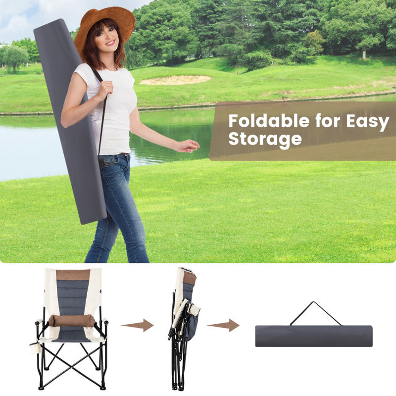 Professional title: ```Portable Camping Chair with Armrest, Cup Holder, and Lumbar Support Pillow```