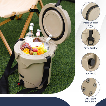 Professional title: "10 Quart Insulated Ice Chest Drink Cooler with Spigot, Flat Seat Lid, and Adjustable Strap in Beige"