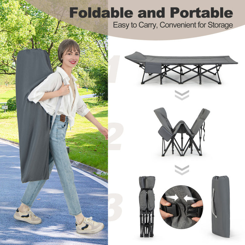 Professional title: "Portable Folding Camping Cot with Carry Bag, Cushion, and Headrest in Khaki"